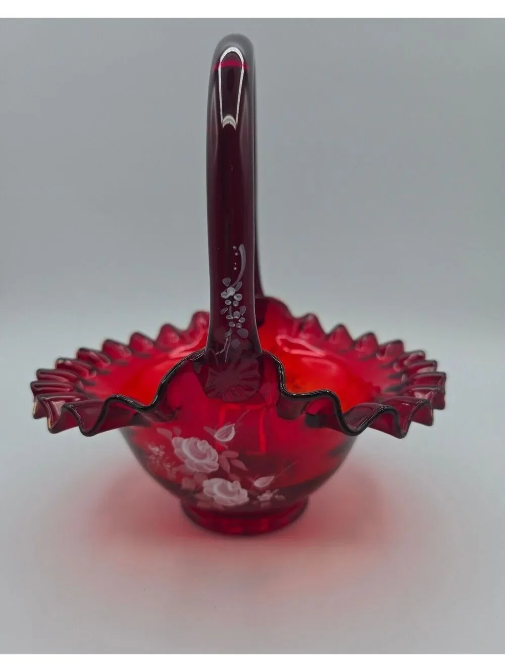 Vintage Fenton Ruby Red Hand Painted Flower Ruffled Art Glass Basket Signed